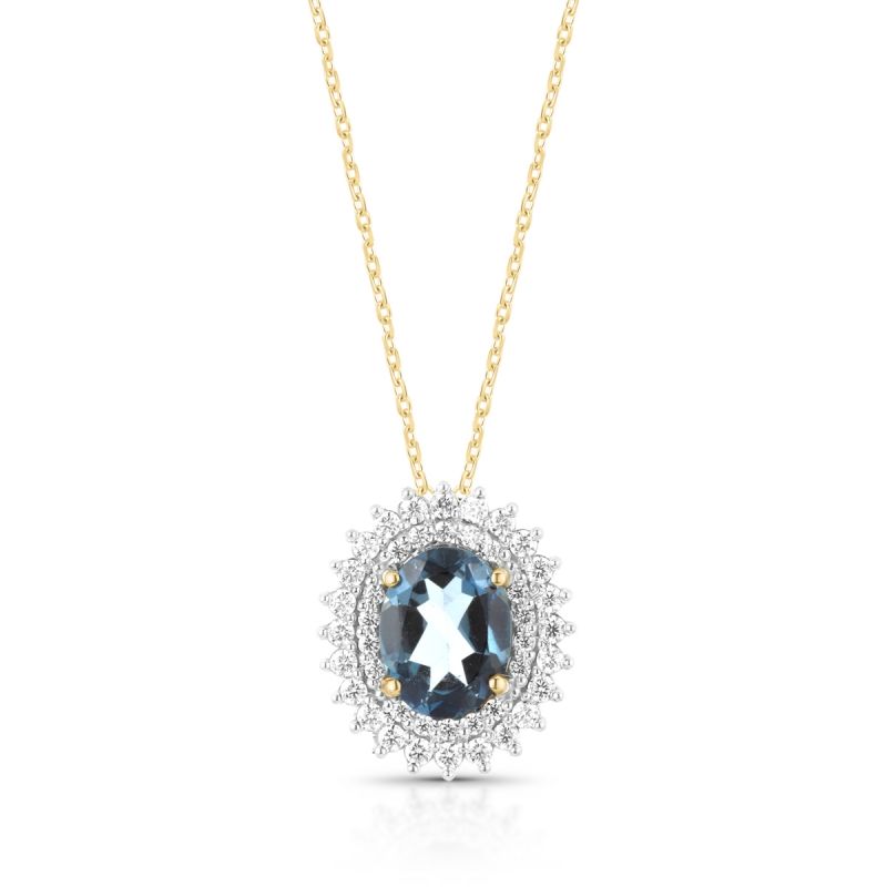 Colar Oval com Pedra Preciosa Azul e Halo de Pedras Preciosas Incolores