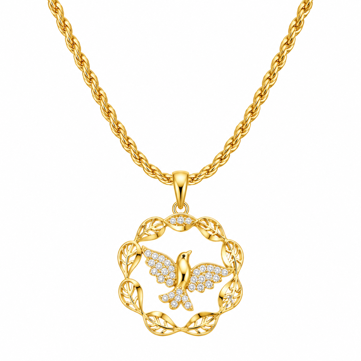 Colar dourado com pingente de pomba em aro