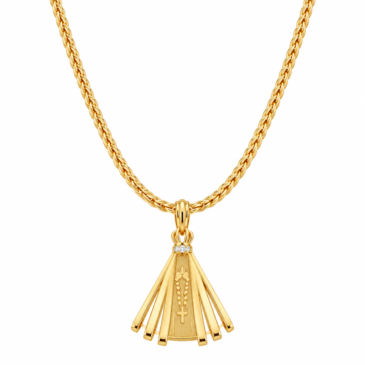 Colar dourado com pingente religioso de Nossa Senhora